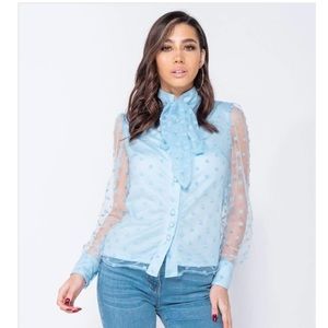 Light blue polka dot cat bow long sleeve blouse lavalliere tie business …